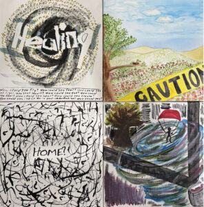 Thumbnails of art created for the Words=Power project. The images show words like "Home?!" "Caution" and "Healing."
