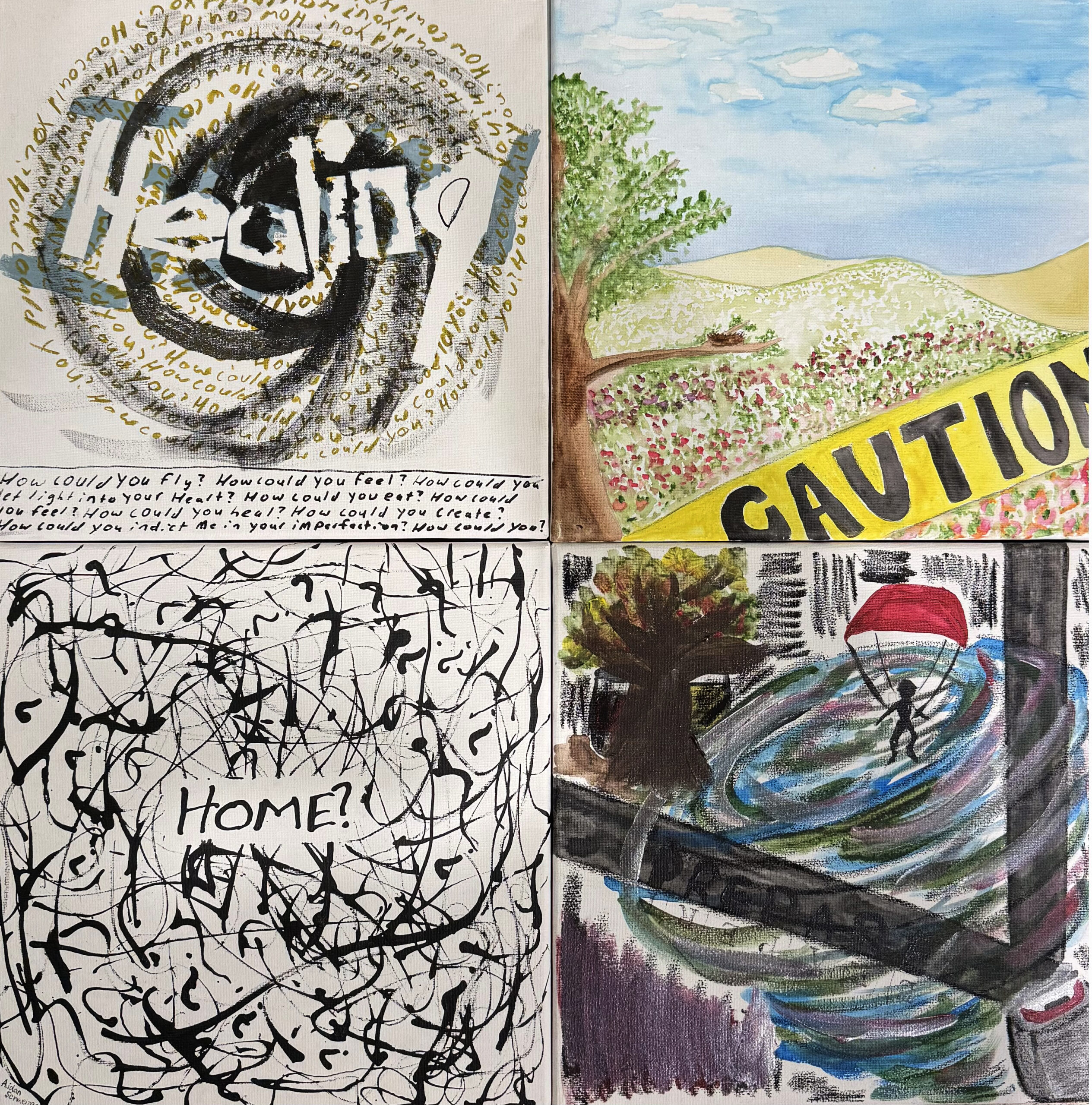 Thumbnails of art created for the Words=Power project. The images show words like "Home?!" "Caution" and "Healing."
