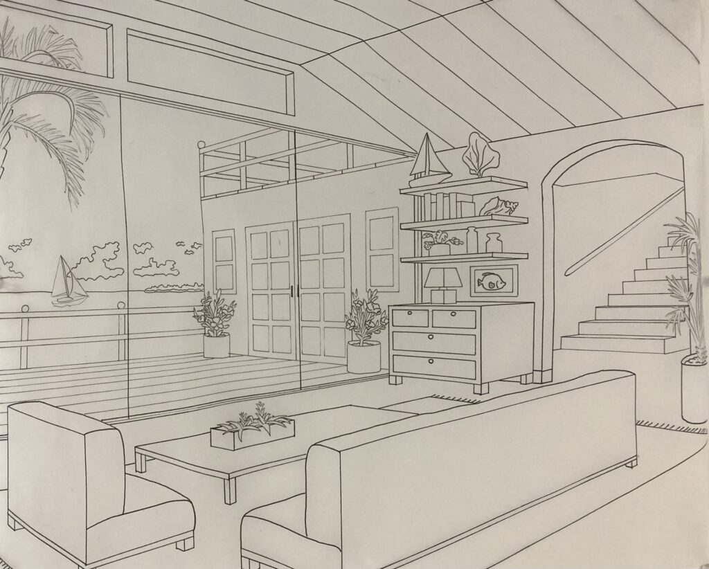 A line drawing of a living room with a large window in the background.